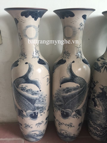 Lọ lộc bình vẽ lý ngư vọng nguyệt - men rạn cổ - cao 1,75m