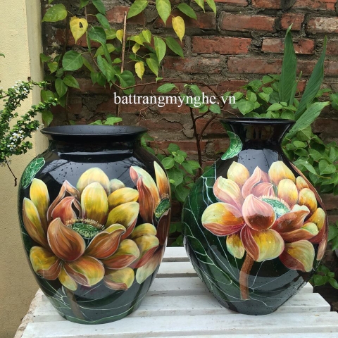 Lọ hoa vẽ sen cổ nhỏ cao 35cm