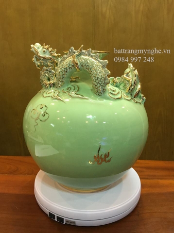 Bình đắp nổi rồng men xanh ngọc - cao 30cm