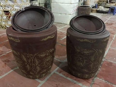 Hũ Sành đựng Gạo vẽ hoa sen 12 Kg