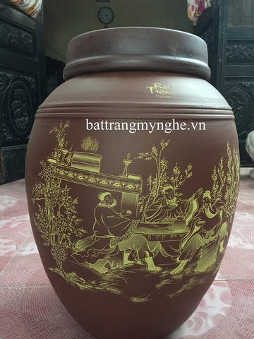 Chum Sành ngâm rượu tài lộc không tráng men Bát Tràng 20l vẽ hoa văn