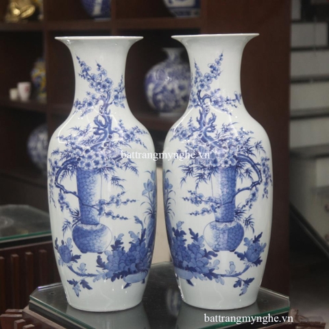 Lộc bình- vẽ cảnh Đào sen- men lam- cao 60cm