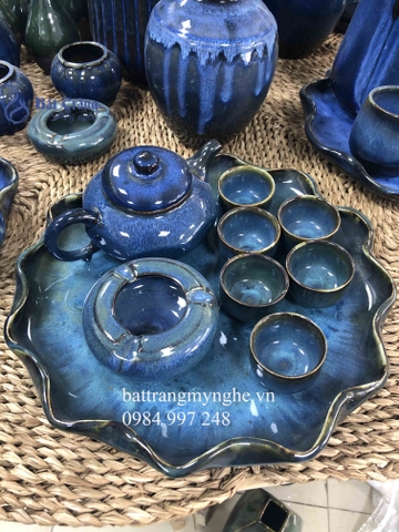 Ấm chén khay men xanh hỏa biến kèm gạt tàn