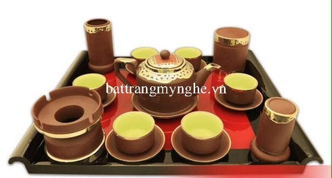 Bộ trà tích Phúc Lộc Thọ bọc đồng