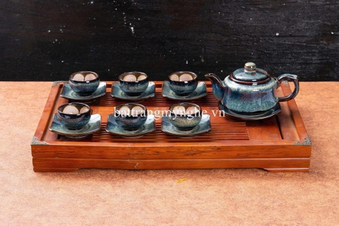 Bộ ấm chén hỏa biến dáng vuông men xanh trắng