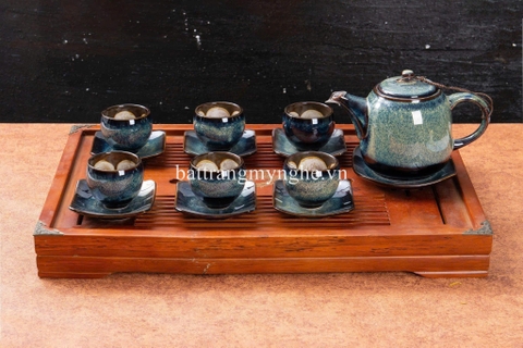 Bộ ấm chén hỏa biến dáng cao men xanh trắng