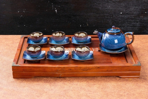 Bộ ấm chén hỏa biến dáng nhỏ men xanh và khay gỗ