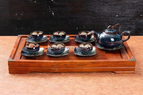 Bộ ấm chén hỏa biến dáng bầu men xanh ngọc