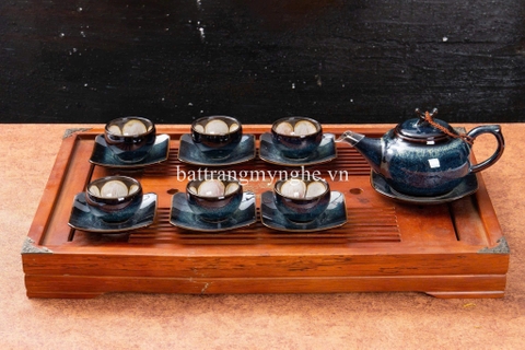 Bộ ấm chén hỏa biến dáng chóp men xanh ngọc