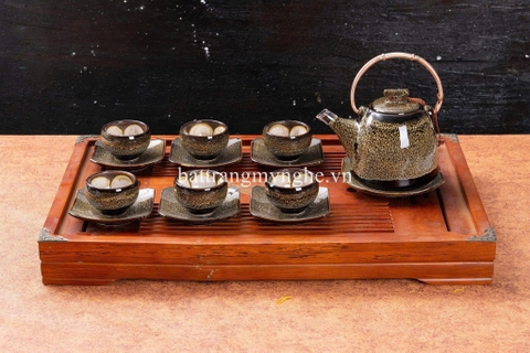 Bộ ấm chén hỏa biến dáng cao quai đồng men nâu