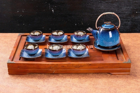 Bộ ấm chén hỏa biến dáng cao quai đồng men xanh biển