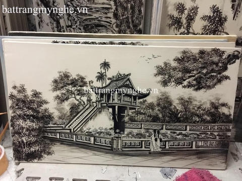 Tranh sứ đen  trắng vẽ chùa một cột cả khung 50x80