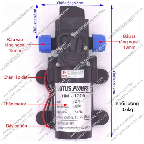 Bơm Áp Lực 12V HM-1205 (5L/P) | Máy bơm HM1205 12V