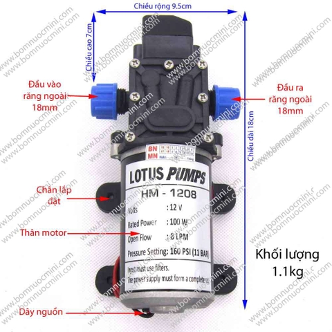 Bơm Áp Lực 12V HM-1208 (8L/P) | Máy bơm HM1208 12V