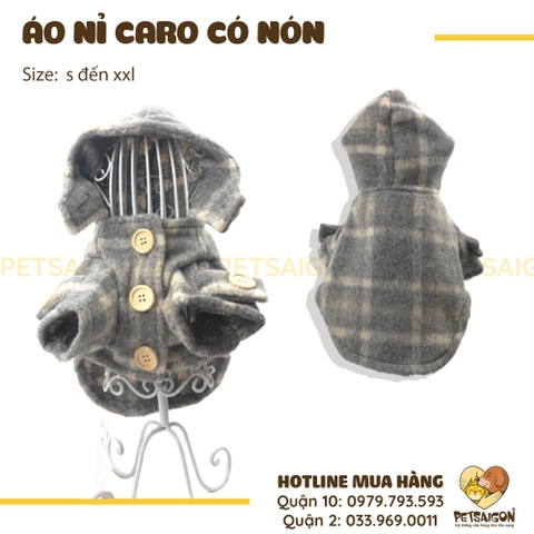 Áo Cho Chó Mèo Vải Nỉ Caro Có Nón