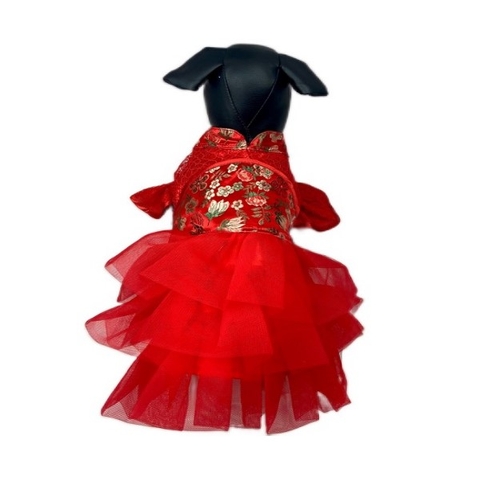 Áo Tết Cho Chó Mèo - Đầm Tết Ren 4 Tầng