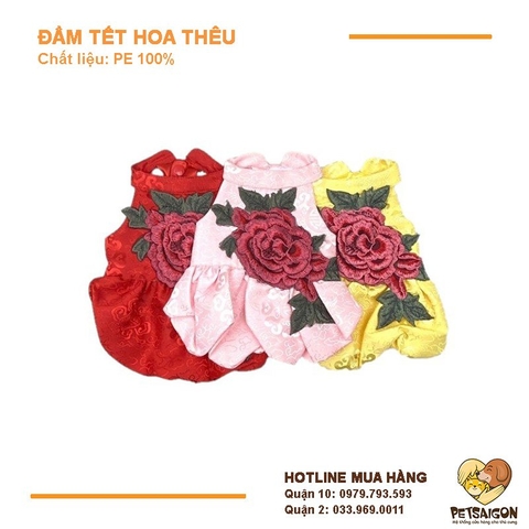 Áo Tết Cho Chó Mèo - Đầm Tết Hoa Thêu