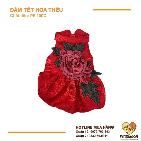 Áo Tết Cho Chó Mèo - Đầm Tết Hoa Thêu