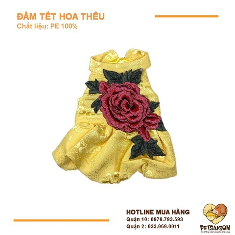 Áo Tết Cho Chó Mèo - Đầm Tết Hoa Thêu
