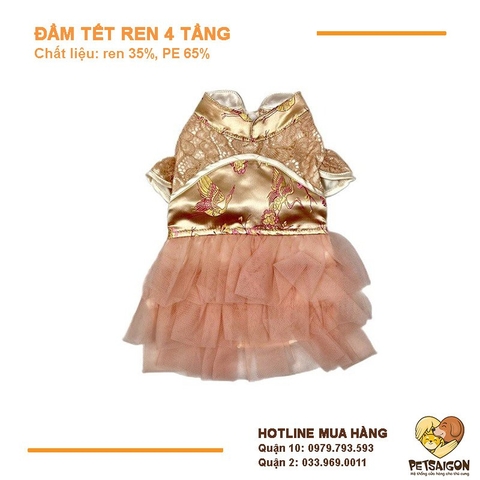 Áo Tết Cho Chó Mèo - Đầm Tết Ren 4 Tầng