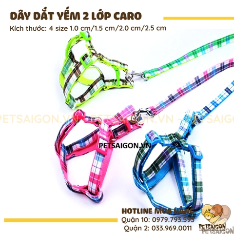 Dây Yếm Dắt Chó Mèo 2 Lớp Họa Tiết Caro