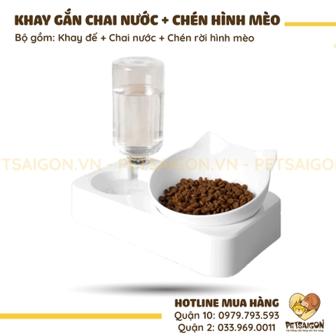Tô Ăn Uống Cho Chó Mèo Có Gắn Chai Nước Chén Hình Mèo