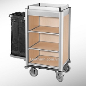 Aluminium maid cart, Anodised finished frame, light oak laminated panel, 3161211