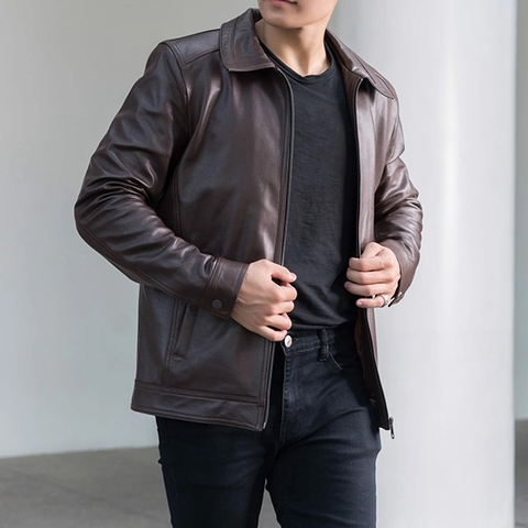 Brown Leather Jacket German Collar