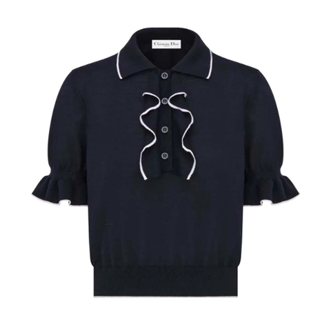 ÁO DIOR Short-Sleeved Sweater Navy Blue Cashmere and Silk Knit