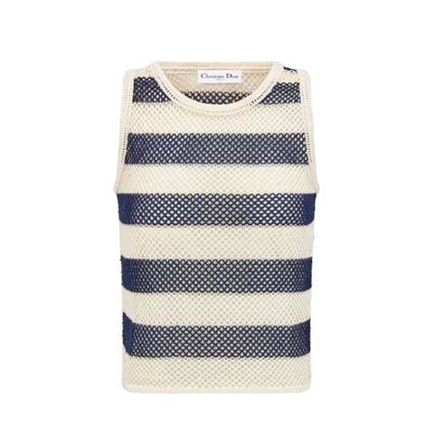 ÁO Dior Women Marinière Cardigan Top Navy Blue and White Openwork Cotton Knit