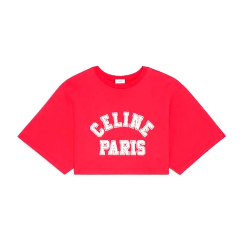 ÁO Celine Women Cropped Celine T-shirt in Cotton Fleece-Red