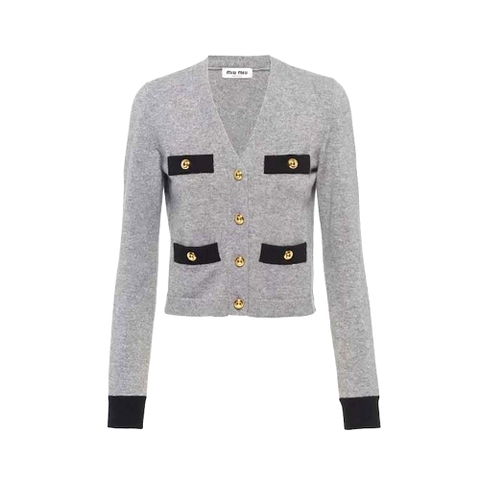 ÁO Miu Miu Women Cashmere Cardigan with Knit Logo Patch-Gray