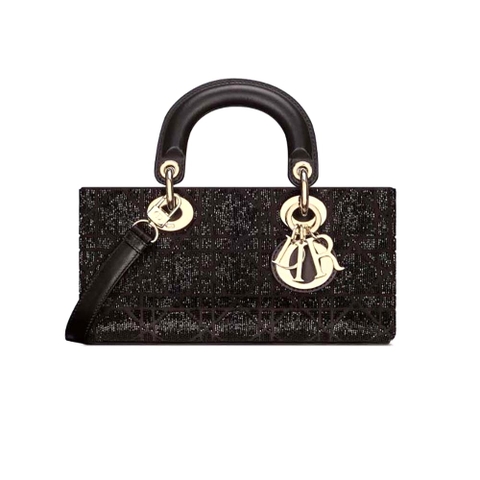 TÚI Dior Women Small Lady D-joy Bag Black Cannage Cotton with Micropearl Embroidery