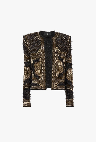 ÁO BALMAIN Black tweed spencer jacket with embroidered gold-tone studs