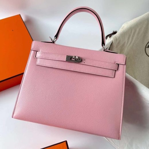 Túi Hermes Kelly Chevre Pink & Creamy White Silver Hardware Handmade khâu tay 25cm