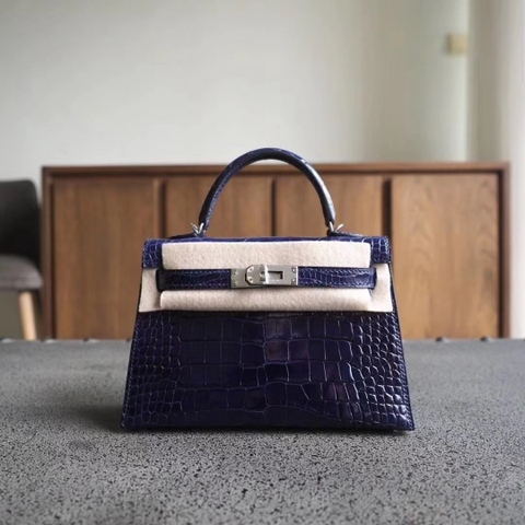 TÚI HERMES Mini Kelly 19CM silver hardware navy crocodille da cá sấu