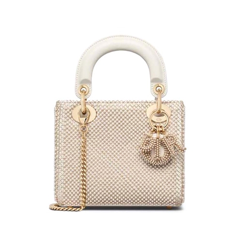 TÚI Dior Women Mini Lady Dior Bag Latte Calfskin Embroidered Entirely with White Resin Pearls