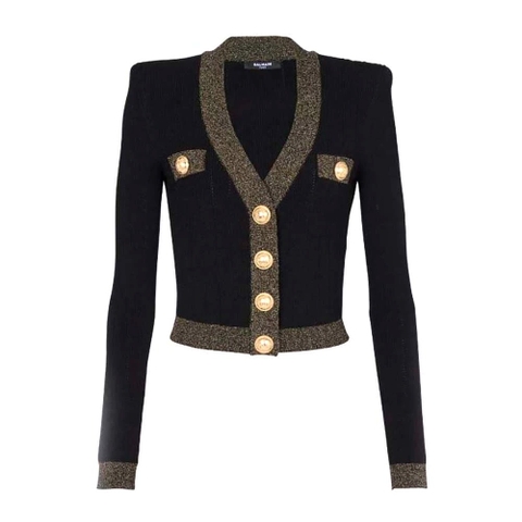 ÁO Balmain Women Cropped Knit Cardigan with Gold Trim