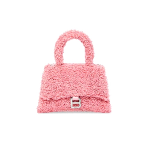 TÚI Balenciaga Women Furry Hourglass Small Handbag with Strap in Pink