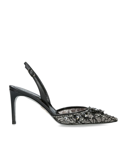 GIÀY RENÉ CAOVILLA  Lace Jeweled Slingback Pumps 80