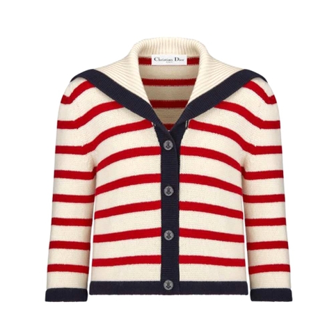 ÁO Dior Women Mariniere Cardigan Red and Ecru D-Stripes Ribbed Wool and Cashmere Knit