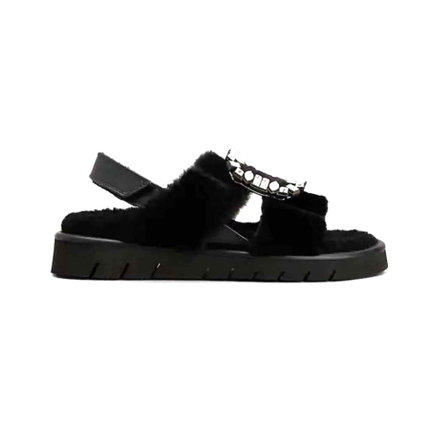 GIÀY Roger Vivier Women Viv’ Winter Fur Strass Buckle Sandals in Sheepskin-Black