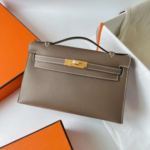Túi Hermes Mini Kelly Pochette Epsom Etoupe Grey Gold Hardware Handmade khâu tay 22cm