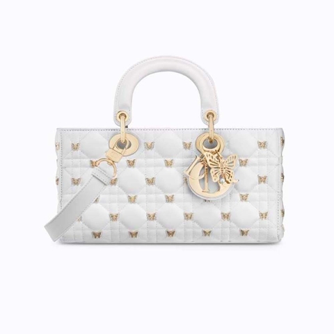 TÚI Dior Women Medium Lady D-joy Bag White Cannage Lambskin with Gold-Finish Butterfly Studs