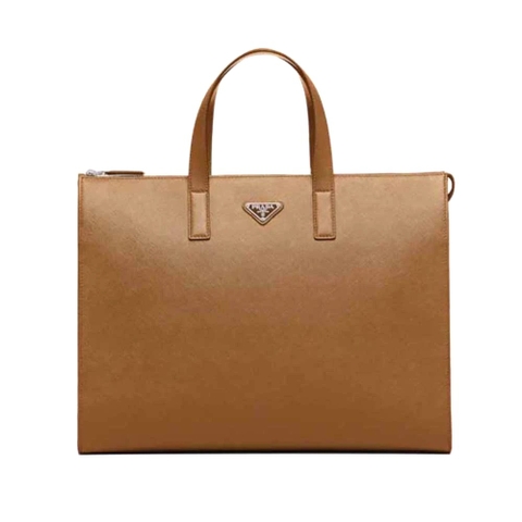 TÚI PRADA Saffiano Leather Tote with a Crosshatch Pattern and Wax Finish-Brown