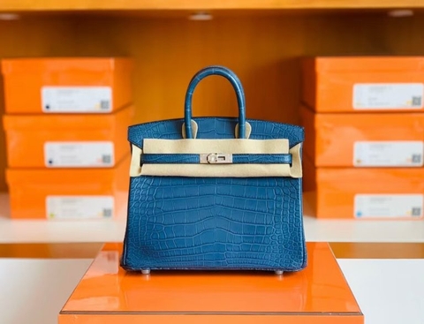 Túi Hermes Birkin Shiny Alligator Crocodile Noble blue Silver Hardware Handmade khâu tay 25cm