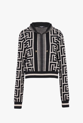 ÁO BALMAIN Cropped ivory and black wool sweatshirt with Balmain monogram