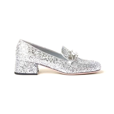 GIÀY Miu Miu Women Glitter Fabric Loafers with Fabric Logo Label