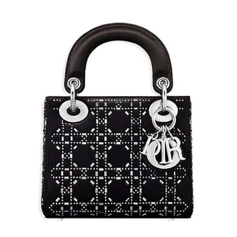 TÚI Dior Mini Lady Dior Bag in Black Cannage Satin with Rhinestones