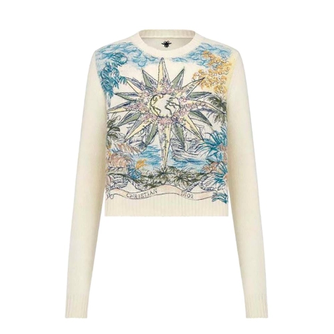 ÁO Dior Women Sweater Ecru Cashmere Knit with Multicolor Rêve D’Infini Motif